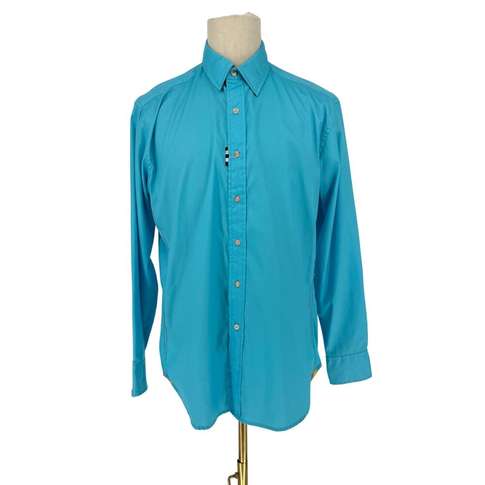 Robert Graham Woven Button Front Long Sleeve Shirt Solid Teal Blue L